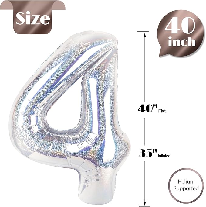 Laser Silver 4 Balloon, Number Balloons 40 Inch, 4th Birthday Decorations for Girls Four Large Numbers for Party Decor, Number 4 Balloon
