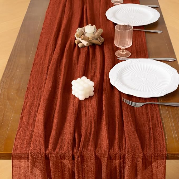 Socomi 6pcs Terracotta Cheesecloth Table Runner Easter Spring Gauze 120 Inch Rustic Boho Cheese Cloth Runner for Wedding Party Baby Bridal Shower Centerpiece Decoration