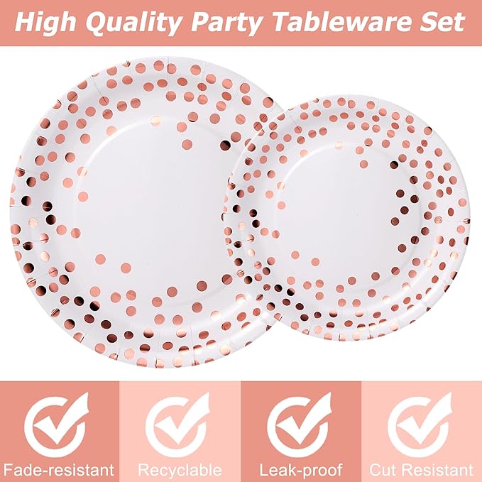 White and Rose Gold Party Supplies, 175 Pcs Disposable Dinnerware Set Serves 25 White Rose Golden Dot Plates Cups and Napkins Gold Plastic Forks Knives Spoons Party Supplies for Birthday Wedding