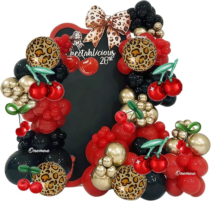 Cheetah Print Balloon Arch Kit,185pcs Red Black Gold Metallic Balloons, with Foil Cherry Cheetah Balloons for Cheetah Birthday Decorations, Bachelorette, Vintage Cherry Theme Party Decorations
