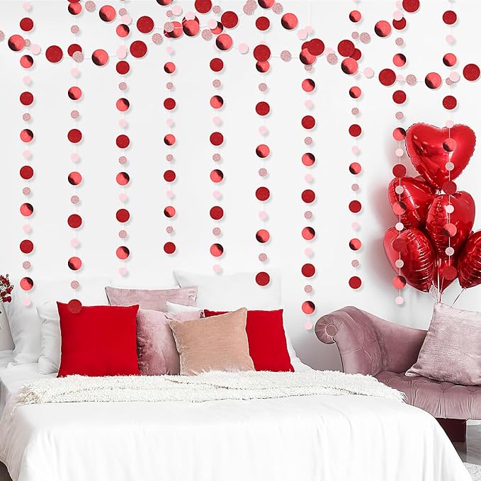 Outus 10 Pieces Red,Pink Round Dots Garland Easter Graduation Party Hanging Decor Each Length 13.1ft Glitter Paper Dot Streamers for Birthday Wedding Classroom