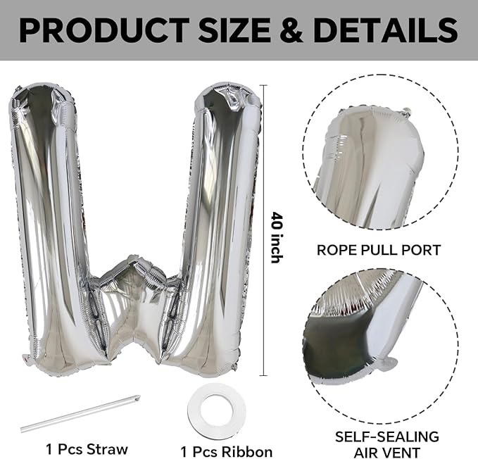 KALOR 40 Inch Silver Letter W Balloons Jumbo Foil Mylar Helium Big Balloons for Birthday Party Anniversary Baby Shower Supplies