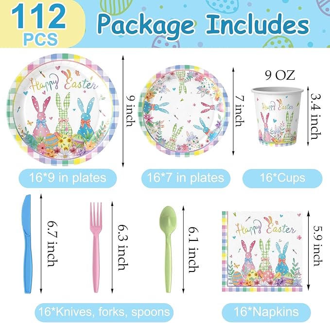 112 PCS Easter Day Party Disposable Set for 16 Guests - Complete 9'' & 7'' Paper Plates, Napkins, Cups, Knives, Forks & Spoons | Perfect for Easter Brunch, Spring Picnic, Holiday,Birthday