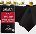 PARTY BARGAINS Disposable Table Covers, 54 x 108 Inch, Black, 3-Ply Paper & Plastic Spill-Resistant Party Tablecloths, 5 Pack