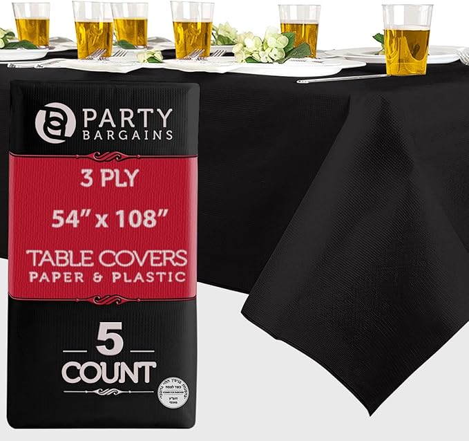 PARTY BARGAINS Disposable Table Covers, 54 x 108 Inch, Black, 3-Ply Paper & Plastic Spill-Resistant Party Tablecloths, 5 Pack
