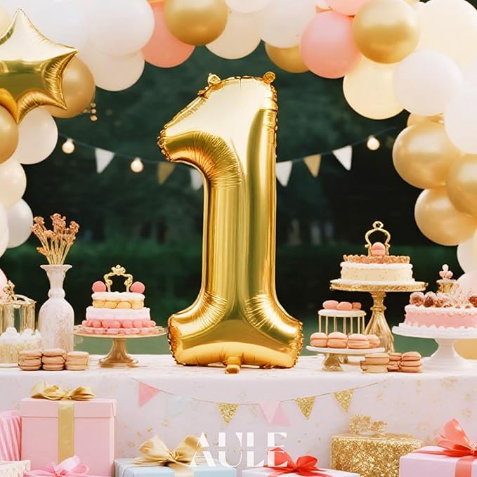 AULE 40 Inch Big Gold 1 Balloon Number Large Foil Helium Number Balloons 0-9 Jumbo Giant Happy 1st Birthday Party Decorations for Boy or Girl Huge Mylar Anniversary Party Supplies