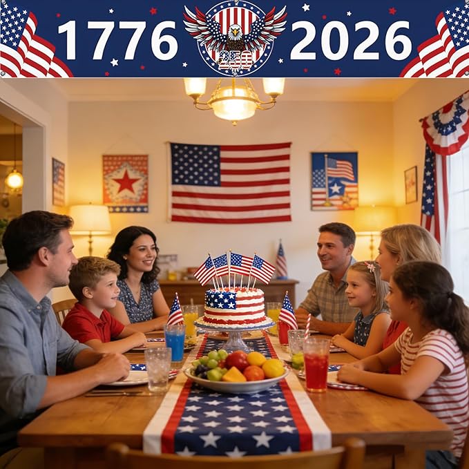 250 Year Anniversary USA Banner Flag 2x10 Ft, 4th of July Decorations 1776-2026 Freedom 250 Years Birthday Patriotic Party Supplies Decorations for Outdoor, Indoor,Garden, Porch (BLUE B)