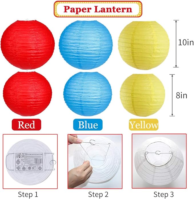 Carnival Circus Party Decorations, Red Yellow Blue Paper Lanterns and Pom Poms Flowers for Birthday Baby Showers Carnival Theme Rainbow Party Decor 15 Pieces