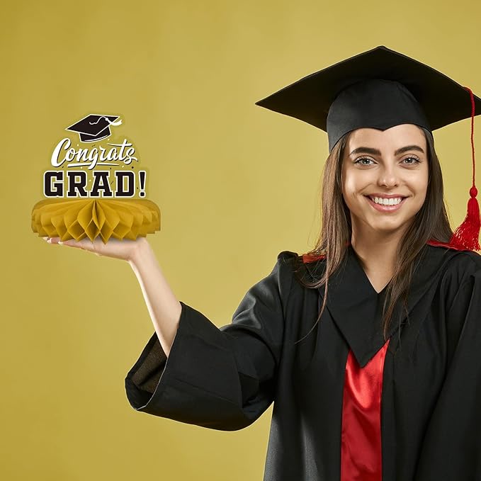 9PCS Graduation Party Decorations Class of 2026 Congrats Grad Table Centerpiece Congratulate Graduation Honeycomb Table Toppers for Graduation Party Supplies(Gold,Black）