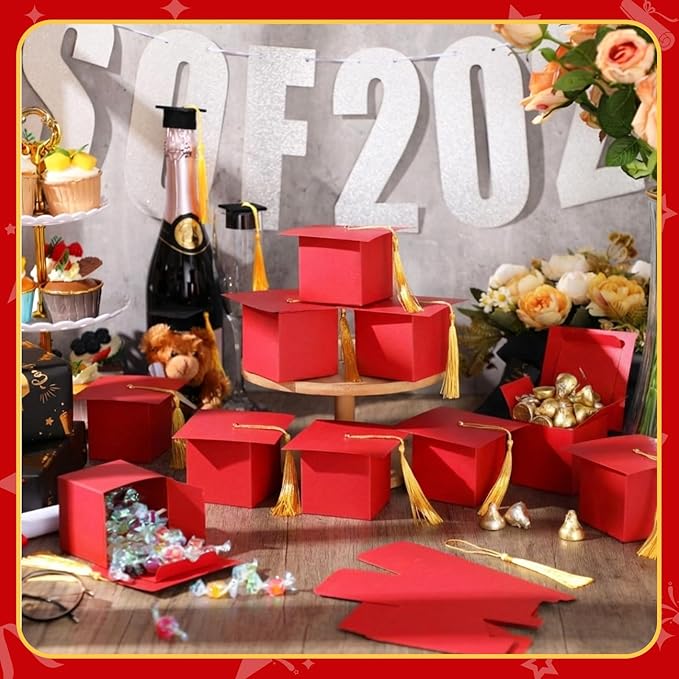 TaoBary 12 Pieces Graduation Candy Box Graduation Decorations Party Gift Boxes Graduate Cap Box Candy Chocolate Cookie Supplies for Ceremony Party(Red)