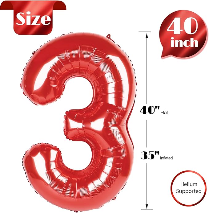 Red Number 3 Balloon 40 Inch, 3 Balloon Number, 3rd Birthday Decorations, Red Party Supplies for Boys Girls