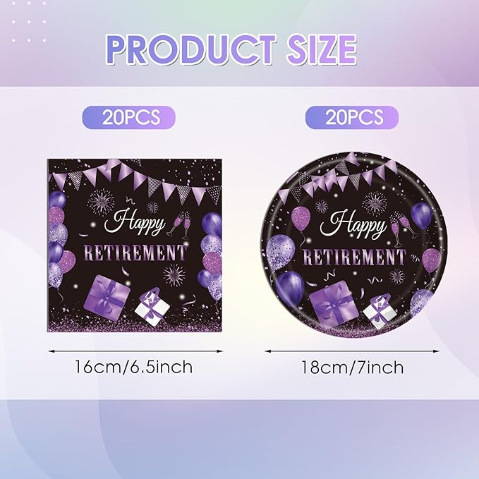 40PCS Retirement Party Decorations Purple Happy Retirement Party Decorations Supplies Tableware Plates and Napkins for Women Going Away Party Disposable Dinnerware Kit,Serves 20
