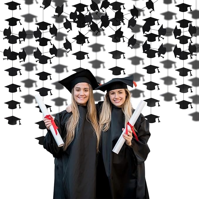 Black Graduation Garland Graduation Party Decorations Class of 2026 Grad Cap Garland Banner Streamers for Grad Party Hanging Decorations 39Feet
