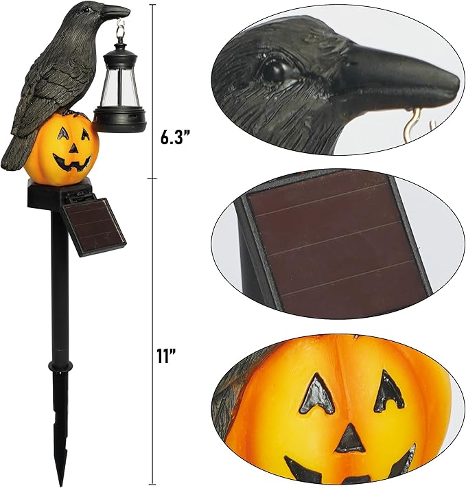Dazzle Bright 2 Pack Halloween Crow Pathway Lights Outdoor, Solar Powered Resin Crow with Pumpkin Walkway Lights, Stake Light for Halloween Pathway Garden Lawn Yard Gifts Decoration