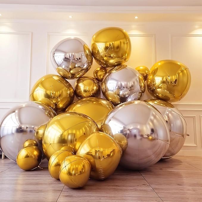 Gold Round Foil Balloons 32 Inch 5 Pcs 4D Ball Balloons Metallic Golden Balloon Ornament Mylar Balloon Chrome for Birthday Graduation Wedding Anniversary New Year Disco Party Decorations