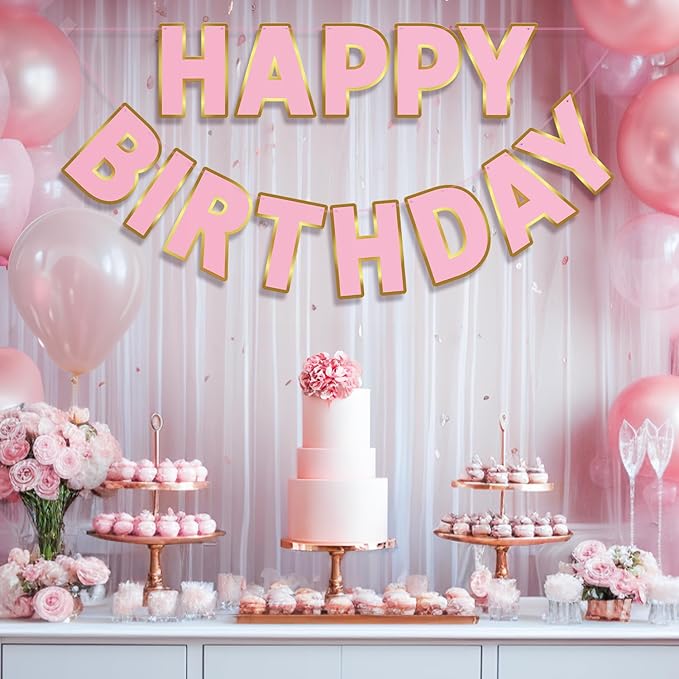 Happy Birthday Banner - 9ft Pre-Strung Happy Birthday Sign for Women, Men, Girls, Boys - No DIY Birthday Decorations & Party Supplies(Pink Gold)