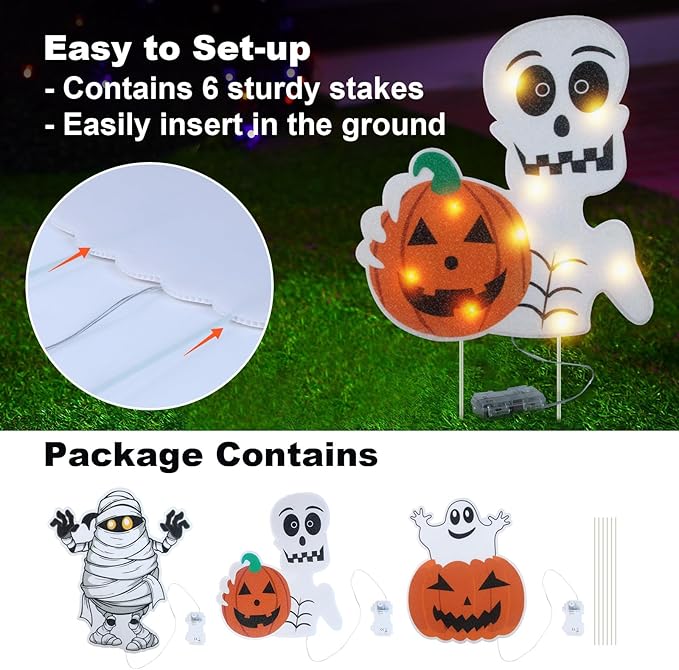 Lighted Yard Signs for Halloween Props Yard Stakes Light Up Pumpkin Ghost Yard Sign with Stakes for Halloween Decorations Outdoor Lawn Decor Yard Decorations - 3PCS