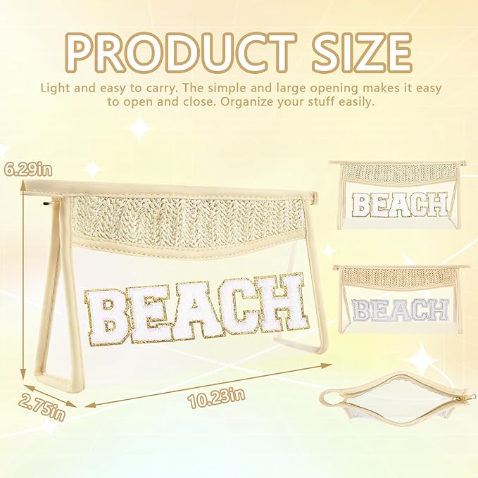 Iqimott 2Pcs Clear Patch Makeup Letter Bag, Boho Letter Bag for Beach Swim, Waterproof Zipper Make up Bags Toiletry Pouch for Women Girls, Clear Letters Patch Cosmetic Bags for Travel(Beach)