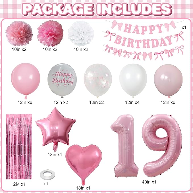 19th Birthday Decorations for Girls Pink Number 19 Balloon Bow Coquette Happy Birthday Banner Fringe Curtain Paper Pom Poms Star Heart Foil Pink White Balloons 19 Year Old Party Decor for Her