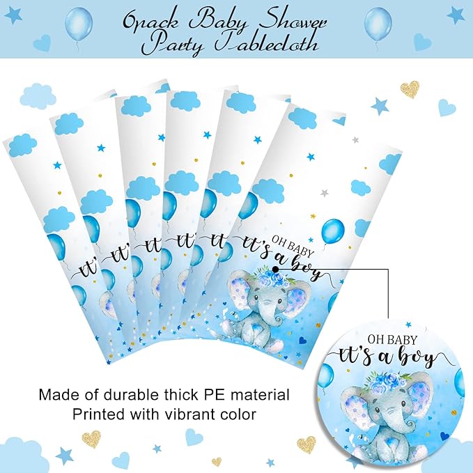 6 Pack Elephant Tablecloth Decorations, Plastic Tablecloth Table Cover Backdrop for Baby Boy Girl Gender Baby Shower Party Supplies, 54 x 108 Inch, Blue