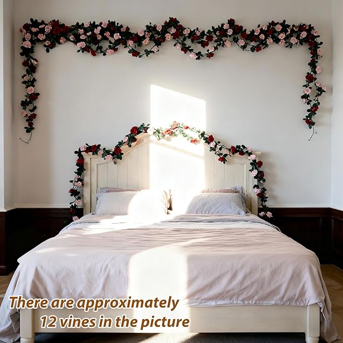 Miracliy 8Pcs 66FT Red Flower Garland, Orange Artificial Rose Floral Vines Fake Hanging Spring Flower Garland for Wall Backdrop Wedding Arch Tea Party Door Mantle Decoration