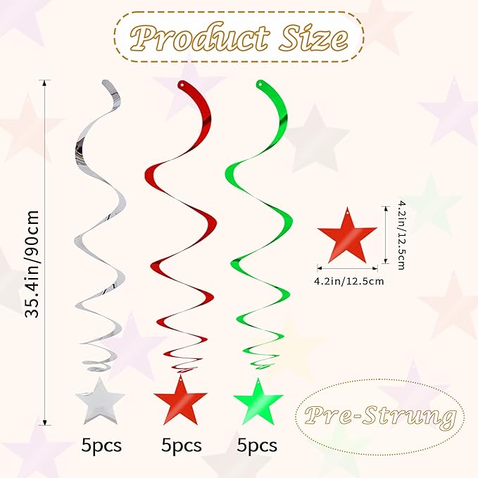 BEISHIDA Red Green Silver Star Hanging Swirl Christmas Decorations Ceiling Hanging Party Supplies for Christmas Birthday Wedding Decorations, Pack of 15