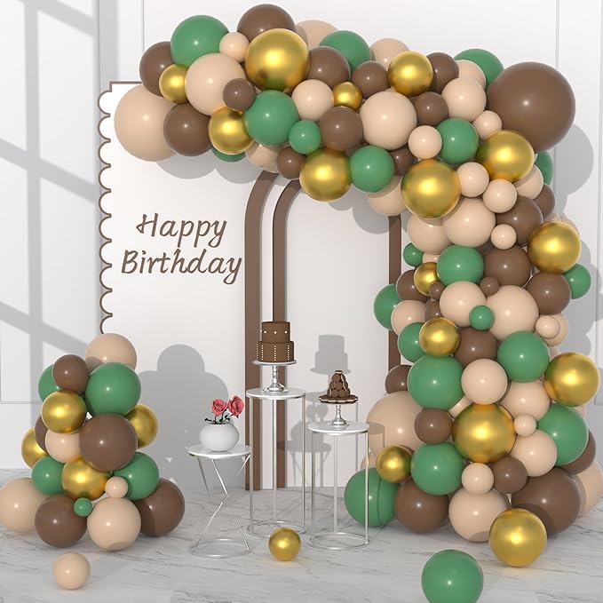 Sage Green and Brown Balloon Garland Arch Kit, 122PCS Brown Nude Gold Balloons Woodland Camo Army Olive Green Balloon for Jungle Safari Woodland Hunting Theme Birthday Baby Shower Decorations