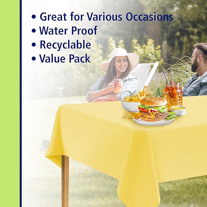 Party Dimensions Yellow Disposable Plastic Tablecloth for Rectangle Tables (48 Pack) Premium Decorative Table Cloths for Parties, Events & Weddings, Indoors & Outdoors, 54 x 108 inches