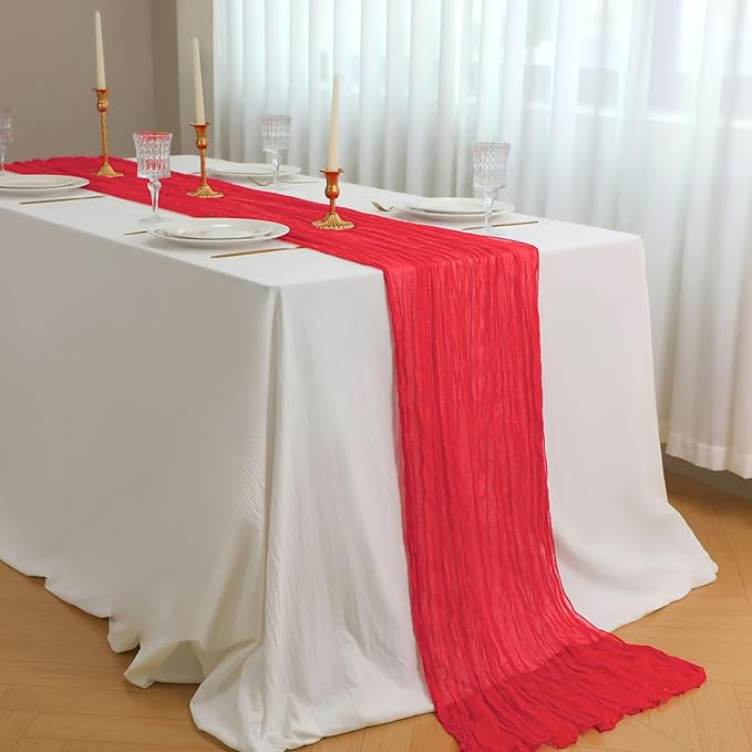 Snowkingdom 10 Ft Red Valentine's Day Cheesecloth Table Runner, 120 inch Long Boho Gauze Runner for Wedding Bridal Baby Shower Birthday Holiday Table Decorations