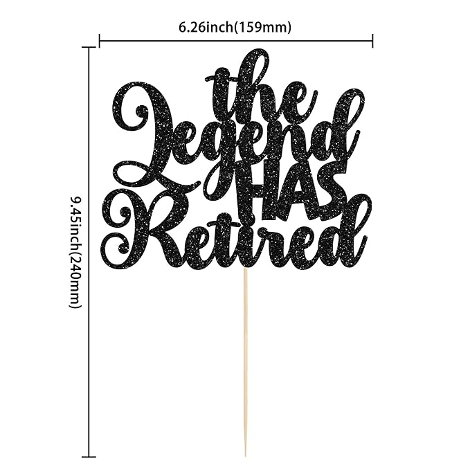 Gyufise 1Pc The Legend Has Retired Cake Topper Glitter Happy Retired Cake Pick Decorations for Funny Old Birthday Retirement Party Cake Decorations Supplies Black