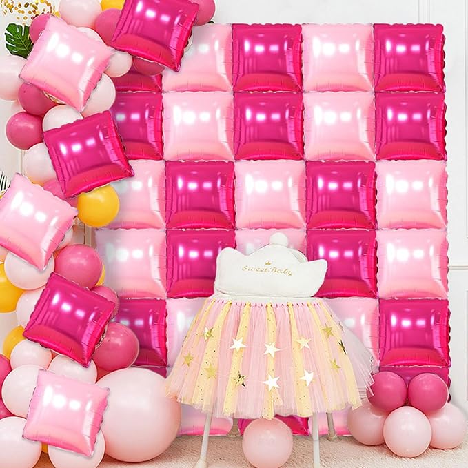 36 Pcs Hot Pink Double Sided Square Foil Balloon Wall Backdrop Metallic Pink Balloons Backdrop Tunnel Arch Kit Mylar Square Balloons for Bachelorette Engagement Wedding Birthday Party Decorations