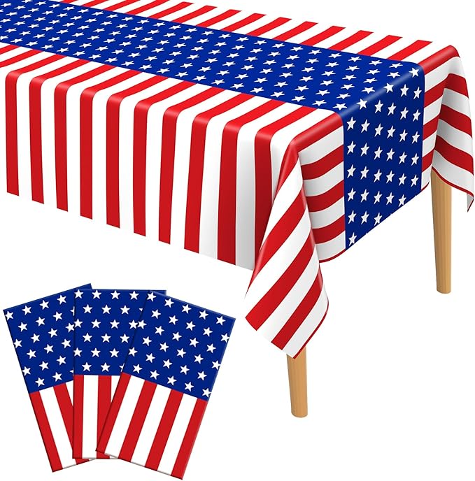 4th of July Tablecloth, Patriotic Plastic Tablecloths 54"x108", Fourth of July Table Decorations Red White and Blue American Table Covers 3 Pack, Patriotic Decorations Memorial Day Party Supplies