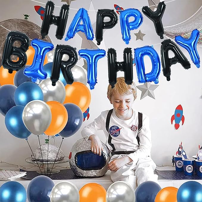TONIFUL Happy Birthday Balloons Banner with Ribbon Straw, 16 Inch Mylar Letters Birthday Sign Banner Balloon Bunting Reusable for Girls Boys Kids & Adults Birthday Halloween Supplies（Black Blue）