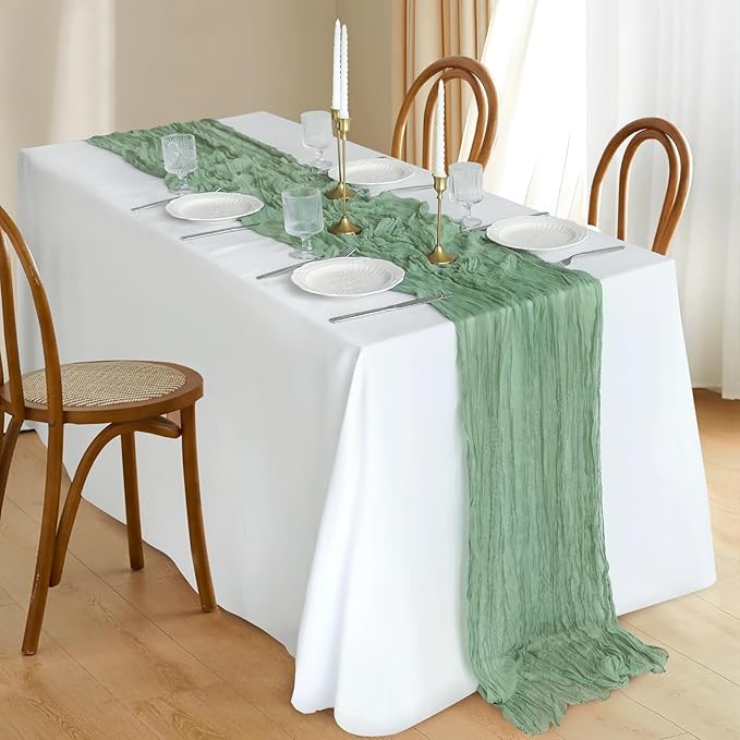 10FT Sage Green Table Runner, 35*120inch Boho Green Table Runners Cheese Cloth Runner for Wedding Bridal Shower Baby Shower Party Table Centerpiece Table Decor