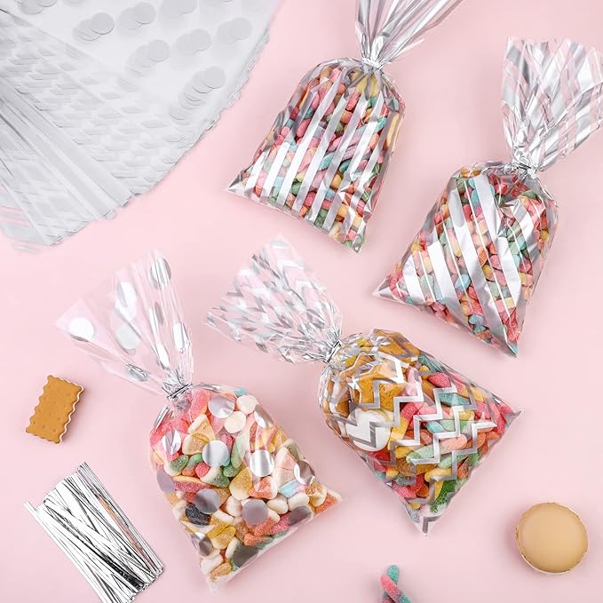 Aodaer 100 Pieces 10.6 x 5.1 In Silver Cellophane Bags Plastic Candy Gift Bags Cellophane Treat Bag with Twist Ties Stripes Polka Dot Printed Pattern Goodie Bag for Birthday Weddings Party Favors