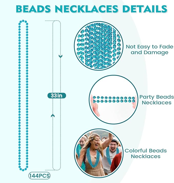 SHAOQINLIN 144 PCS Teal Bead Necklaces, Teal Mardi Gras Beads Necklaces Turquoise Party Beads Necklace Bulk Oval Beaded Necklaces for Mardi Gras, Christmas, School Spirit Day Party Favors