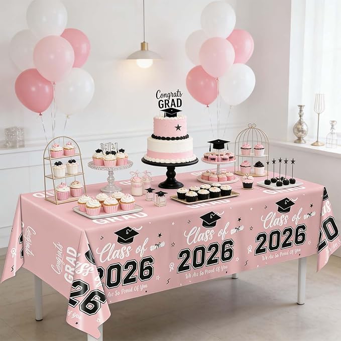 Oigco 2 Pack Pink Graduation Tablecloths, Graduation Decorations Class of 2026, Congrats Grad Plastic Table Cloths for Graduation Party Decorations, 54 x 108 Inch