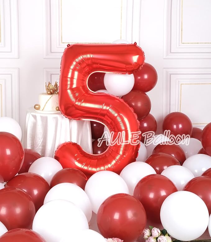 AULE 40 Inch Big Red 5 Balloon Number Large Foil Helium Number Balloons 0-9 Jumbo Giant Happy 5th Birthday Party Decorations for Boy or Girl Huge Mylar Anniversary Party Supplies