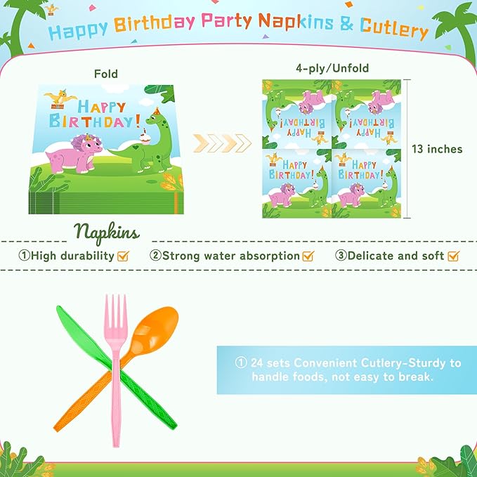 168PCS Dinosaurs Birthday Party Supplies for 24 Guests, Dinosaurs Themed Paper Plates Napkins Cups Cutlery, Dinosaur Disposable Tableware Set for Birthday Baby Shower Party Decorations