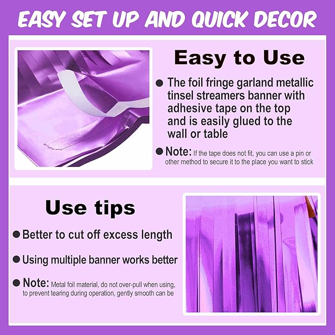 3 Pack 10 Ft Light Purple Foil Fringe Garland Metallic Streamers Tinsel Banner Wall Hanging Garland Backdrop for Parade Floats, Halloween, Christmas, Thanksgiving, New Year Party Decorations