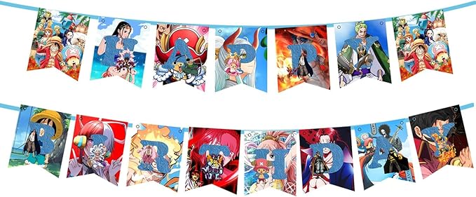 43Pcs For One Piece Birthday Party Supplies: 1 Banner, 1 Tablecloth, 1 Backdrop, 1 Cake Topper, 24 Cupcake Toppers, 15 Balloons, 2 Aluminum Balloons for Kids Boys Theme Party Decorations