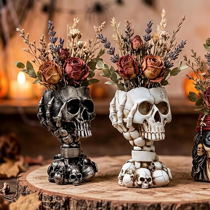 Skull Planter, Gothic Planters for Halloween Decorations Indoor/Outdoor Plants, Goth Flower Pots, Plant Pots, Skull Flower Pot, Plant Pot, Unique Vase with Drainage(Tall Black)