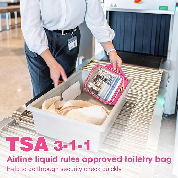Wedama TSA Approved Toiletry Bag, 3 Pack Clear Makeup Bags with Handles, Quart Size PVC Clear Cosmetic Bags for Women and Men, Carry on Airport Airline Compliant Bag, Rose Red