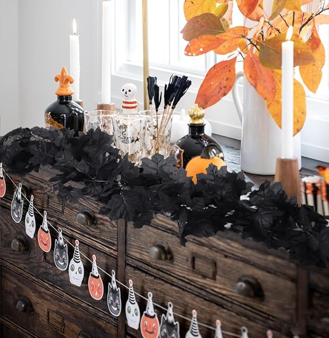 Halloween Garland Decor Indoor Table Decorations Fall Wall Hanging Artificial Black Maple Leaf Vine Decorations for Home (4 Pcs Black Maple Leaf, Set)