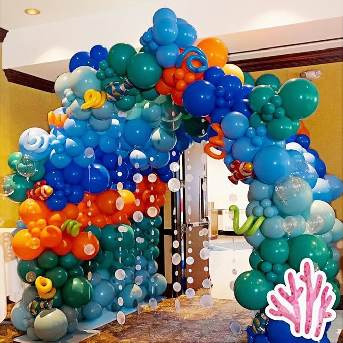 202 PCS Under the Sea Party Decorations Balloons Arch, Teal Blue Balloon Arch Garland Kit, DIY Octopus Clear Balloons Ocean Birthday Party Themed Decoration for Marine Shark Baby Shower Decor