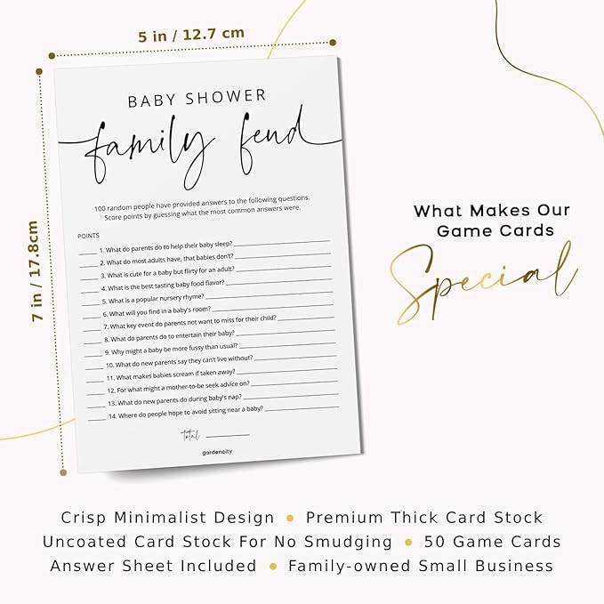 GardenCity Baby Shower Games - 50 Baby Shower Family Feud Game Cards, Boy or Girl, Gender Neutral, Minimalist