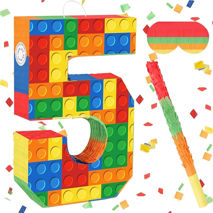 Number 5 Pinata Building Blocks 5th Birthday Party Decorations with Stick Blindfold for Kids Girls Boys Fiesta Carnival Games Happy Birthday Anniversary Celebration Party Supplies