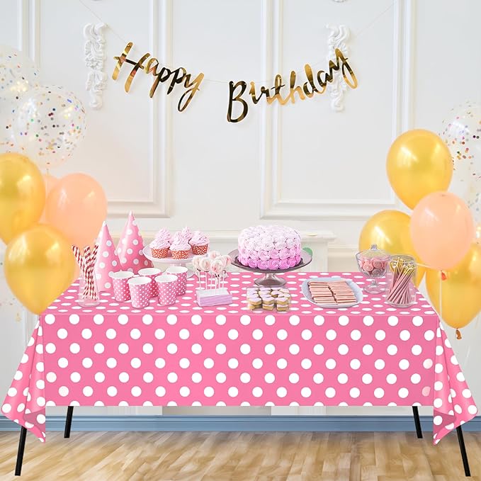 WNINK 4 Pack Pink and White Polka Dot Tablecloths – Pink Disposable Plastic Waterproof Table Cover, 54" x 108", for Birthday, Wedding, Bridal Shower, Bachelor, Pink Girl Party, and Picnic
