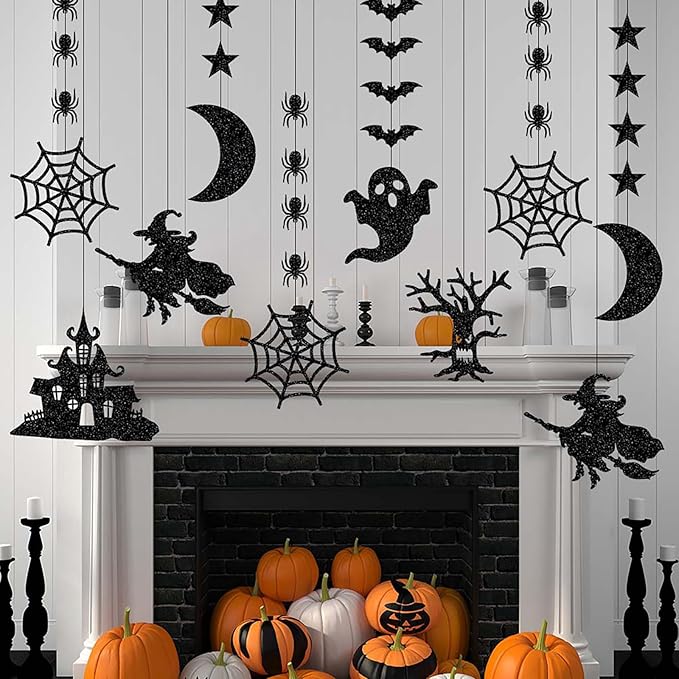 Halloween Black Creepy Vintage Party Decorations - 12Pcs Hanging Streamers Garland,Bat Witch Spider Swirl Ceiling Outdoor Indoor Wall Decor Party Props,Porch Room Scary Supplies Hugtmr