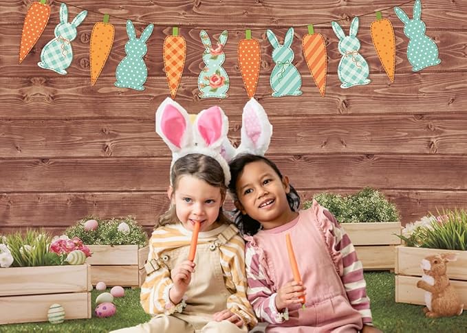Happy Easter Backdrop Spring Rabbit Carrot Green Grass Eggs Baby Shower Backdrop Brown Wooden Wall Easter Party Decoration (8x6ft)